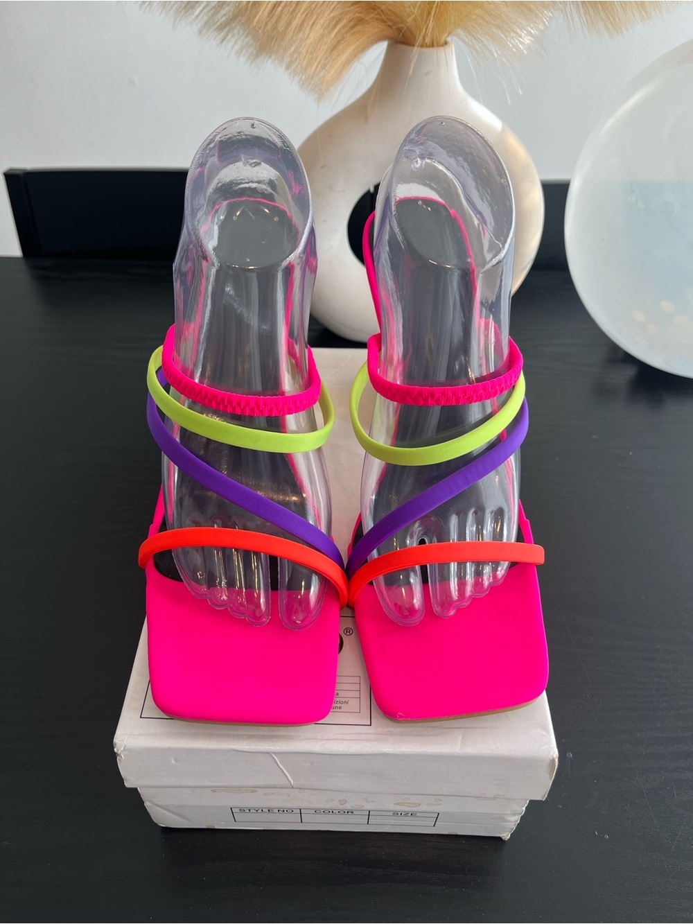 Neon Pink Multicolor Strappy Sculptural Gold Heels EU 42